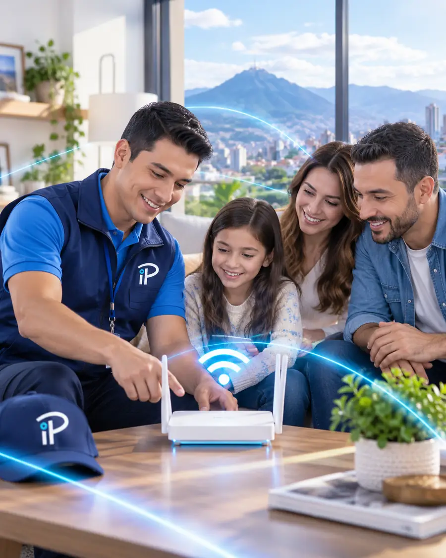 Técnico de IP Technologies configurando un router WiFi sobre una mesa junto a una familia en su sala