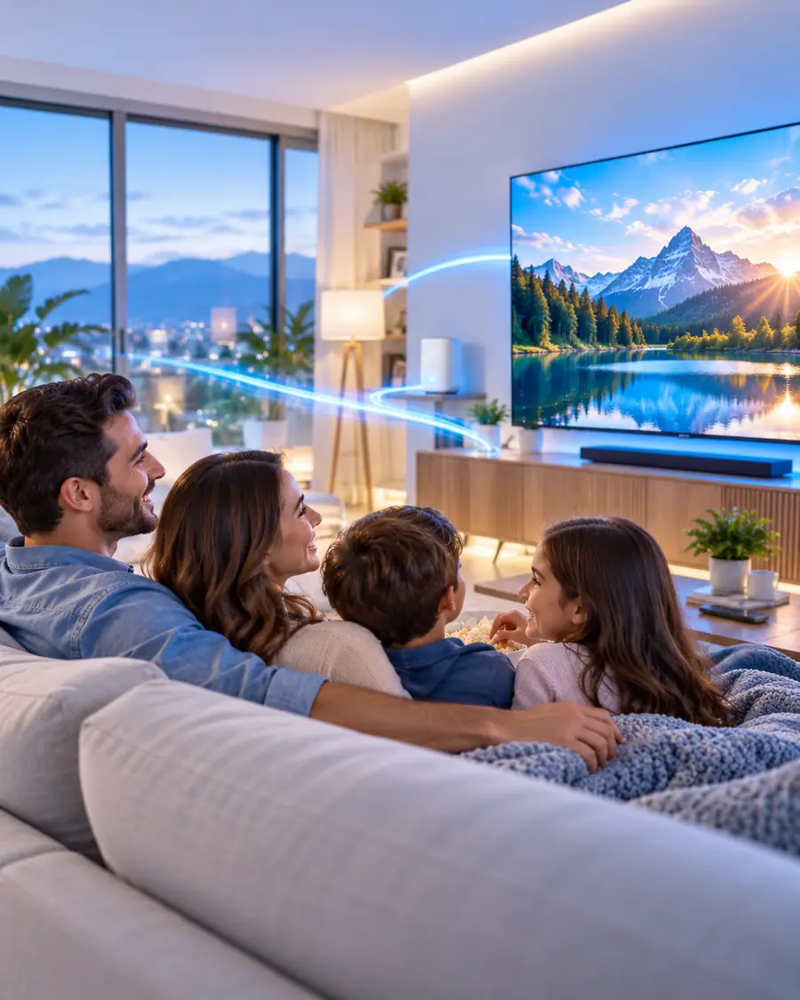 Familia viendo televisión en la sala de su casa, con una señal WiFi que se extiende por el hogar