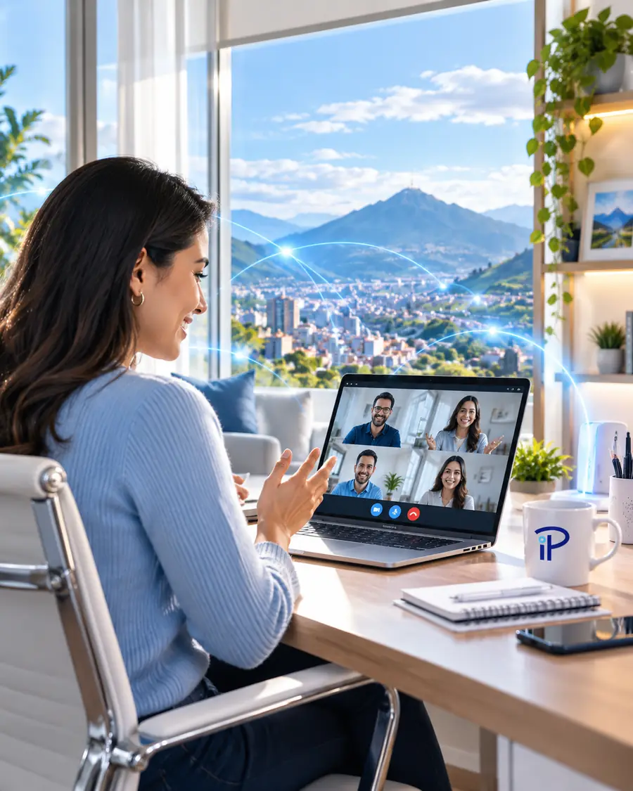 Mujer en videollamada de trabajo desde su escritorio en casa con vista a la ciudad
