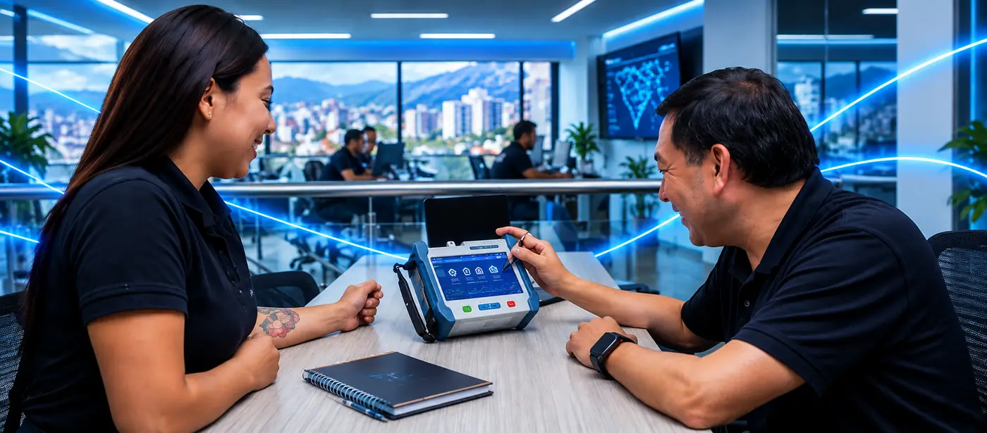 Dos integrantes del equipo revisando un equipo de red en una oficina moderna