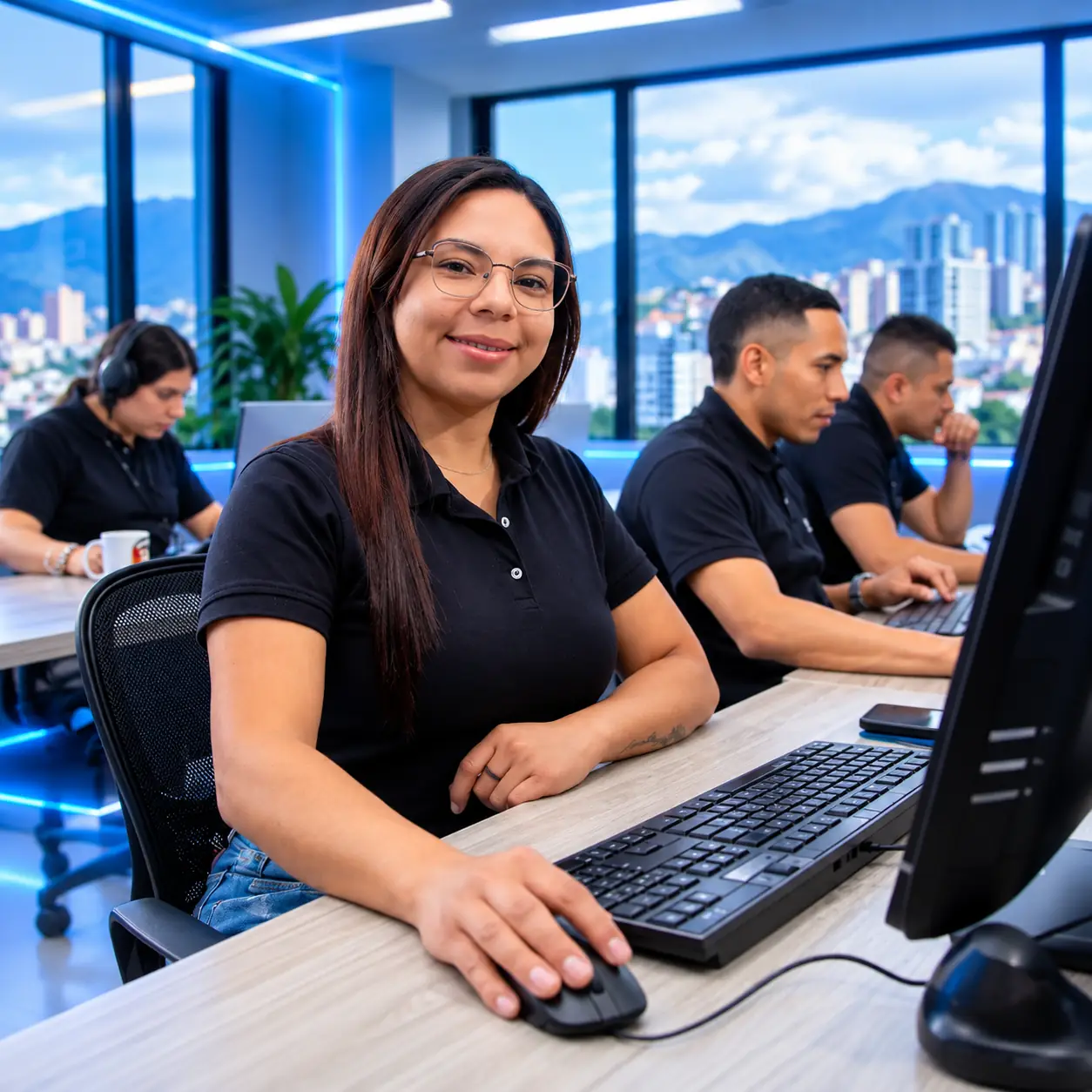 Equipo de la mesa de servicio trabajando frente a sus computadores con vista a la ciudad