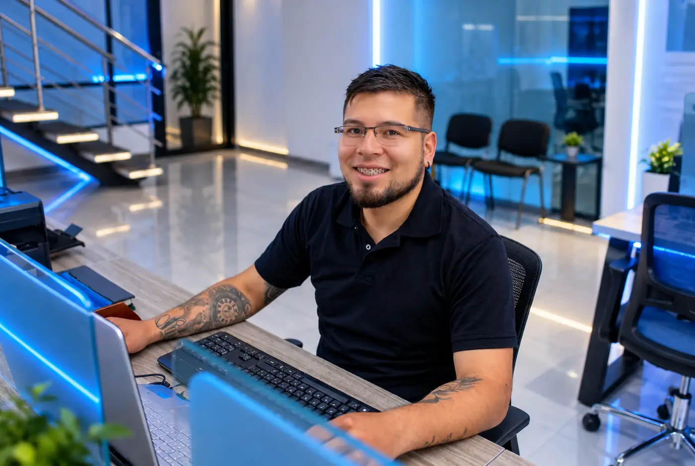 Integrante del equipo sonriendo frente a su computador en una oficina moderna